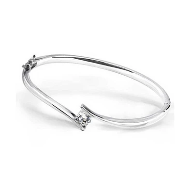 Bling Jewelry Simple Geometric Cz Solitaire Bypass Bangle Bracelet Sterling Silver Safety Clasp