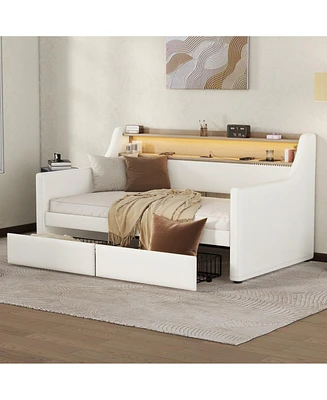 Twin Daybed with Drawers, Charging Station, Led Lights, and Storage