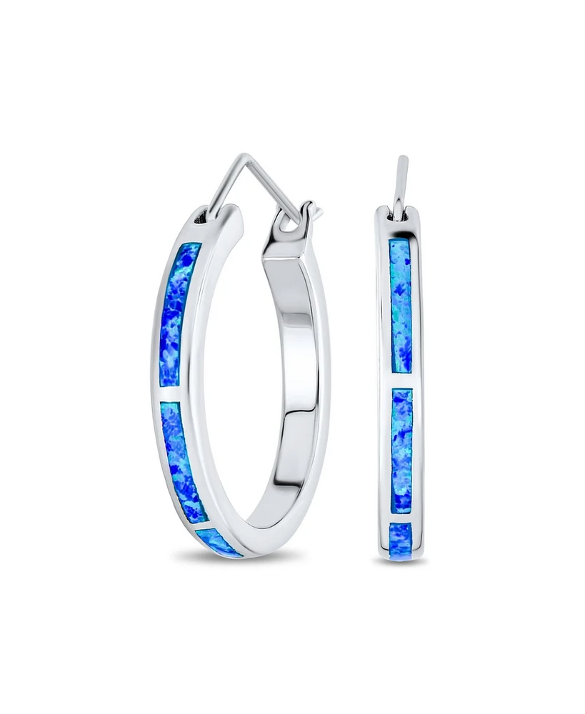 Bling Jewelry Created White Blue Opal Inlay Thin Flat Tube Large Hoop Earrings Rose Gold .925 Sterling Silver
