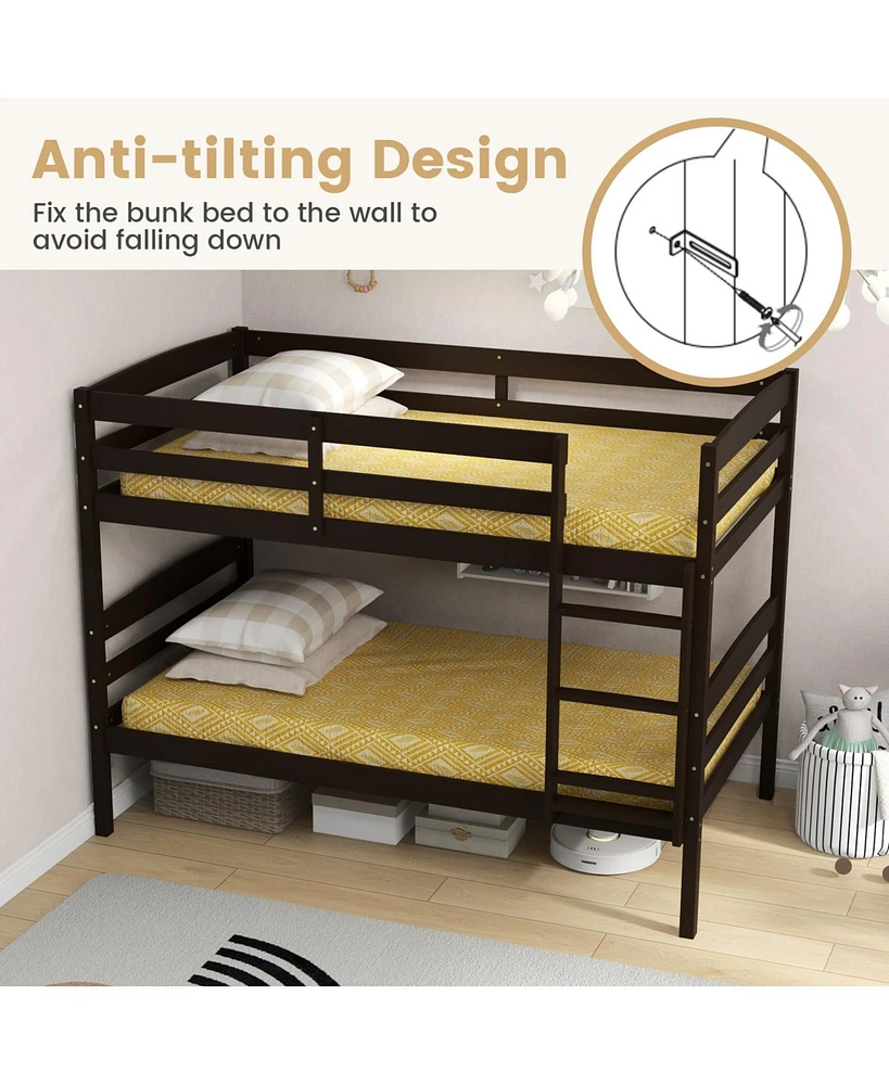 Sugift Solid Wood Twin Over Twin Bunk Bed Frame with High Guardrails and Integrated Ladder