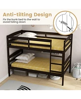 Sugift Solid Wood Twin Over Twin Bunk Bed Frame with High Guardrails and Integrated Ladder