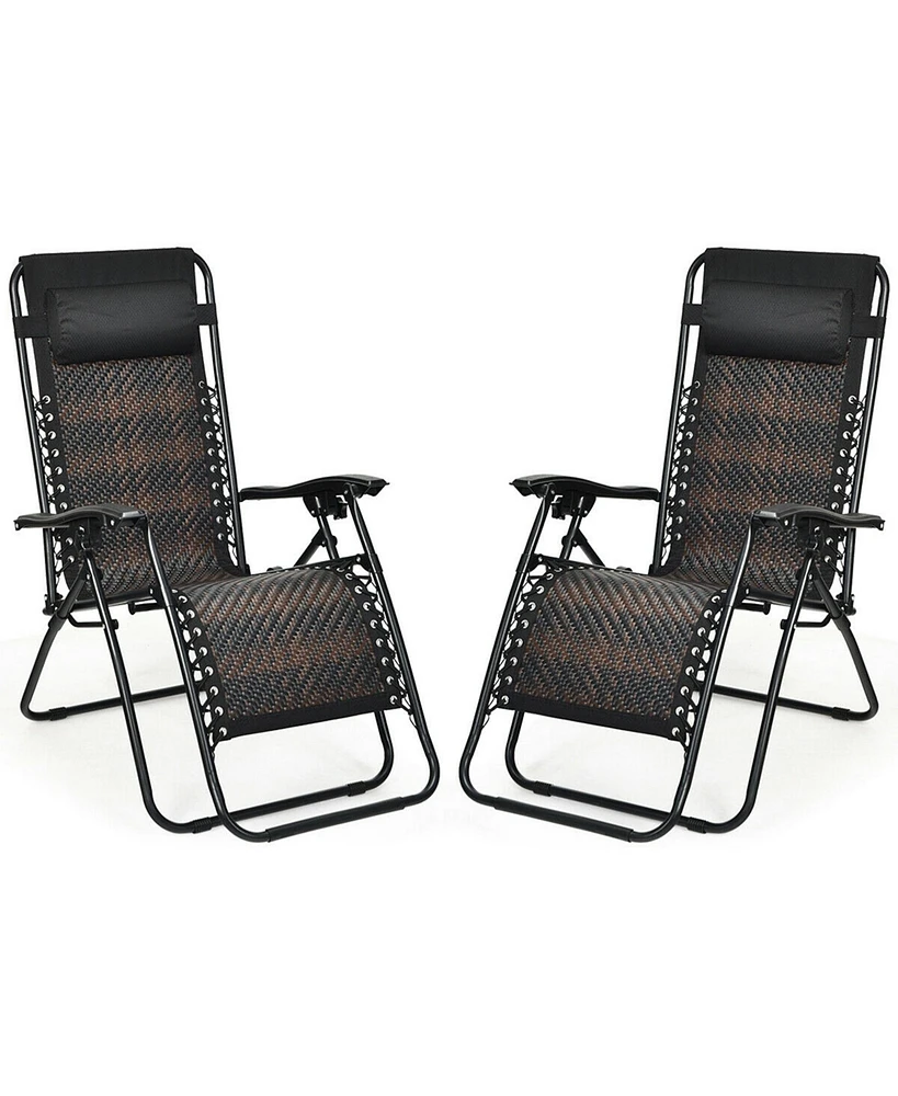 Gymax Set of 2 Folding Rattan Patio Zero Gravity Lounge Chair Recliner w/ Headrest