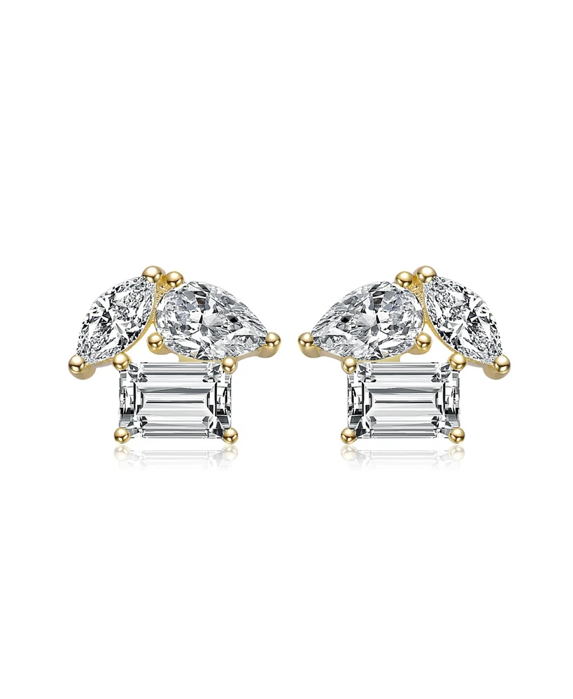 Sterling Silver 14k Gold Plated Marquise & Green Cut Triple Stone Stud Earrings