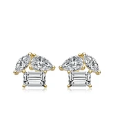 Sterling Silver 14k Gold Plated Marquise & Green Cut Triple Stone Stud Earrings