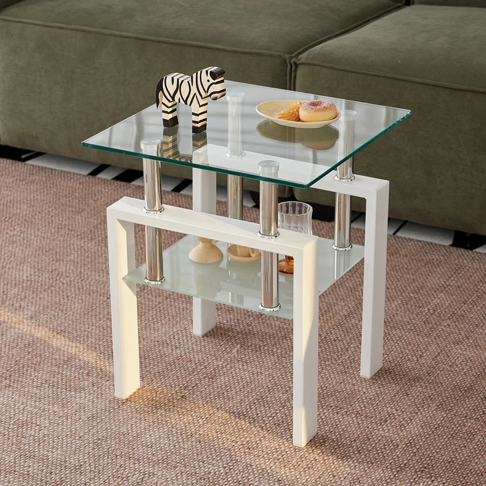 Tempered Glass End Table, 2-Tier Storage, Living Room Side Table