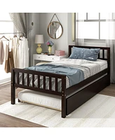 Twin Bed with Trundle, Platform Bed Frame with Headboard and Footboard, for Bedroom Small Living Space, No Box Spring Needed, Espresso