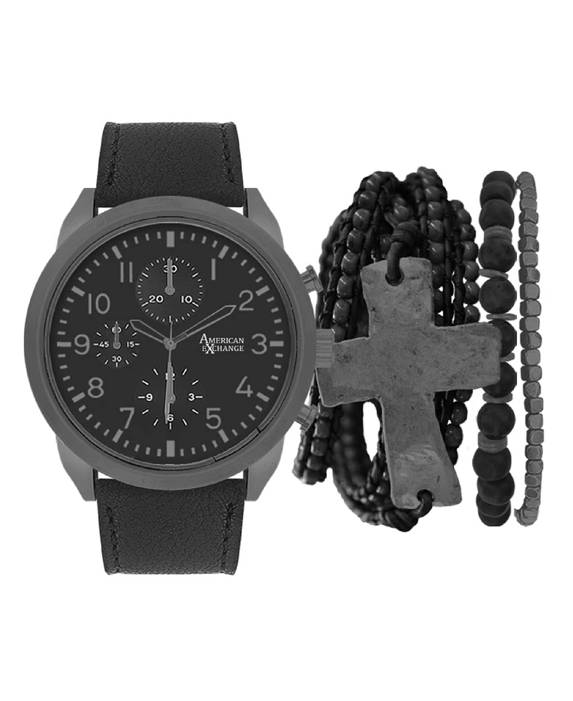 American Exchange Men's Black Leather Strap Analog Watch 51mm with Stackable Bracelets Gift Set