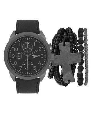 American Exchange Men's Black Leather Strap Analog Watch 51mm with Stackable Bracelets Gift Set