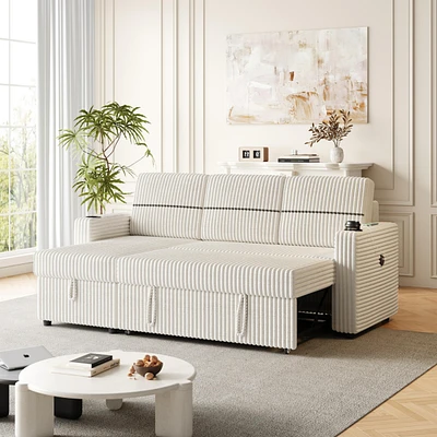 85" Corduroy Sofa Bed with Storage, Usb Charging, and Cup Holders