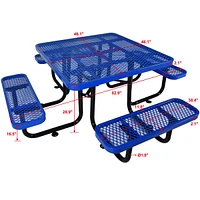Square Outdoor Steel Picnic Table 46" blue, with umbrella pole