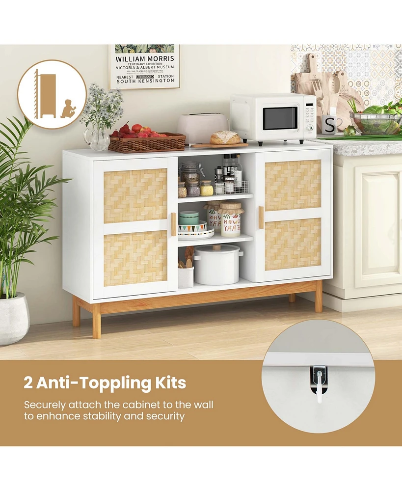 Costway 48" Sideboard Buffet Cabinet with 2 Bamboo Woven Doors 3 Open Shelves for Kitchen