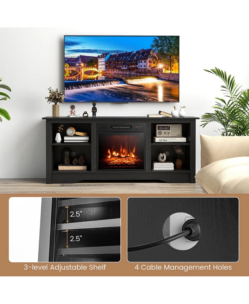 Gymax 58'' Tv Stand with 18'' Electric Fireplace Heater 3-Adjustable Shelves for 65'' Tv