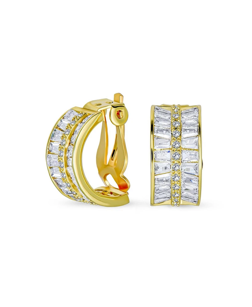 Bling Jewelry Art Deco Style Statement Cz Half Hoop Baguette Earrings Clip On Yellow Gold Plated