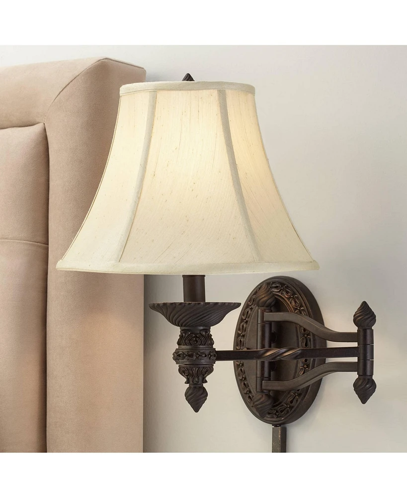 Godia French Country Indoor Swing Arm Wall Lamp Bronze Plug-In Light Fixture Dimmable Beige Softback Bell Shade for Bedroom Bedside House Reading Livi