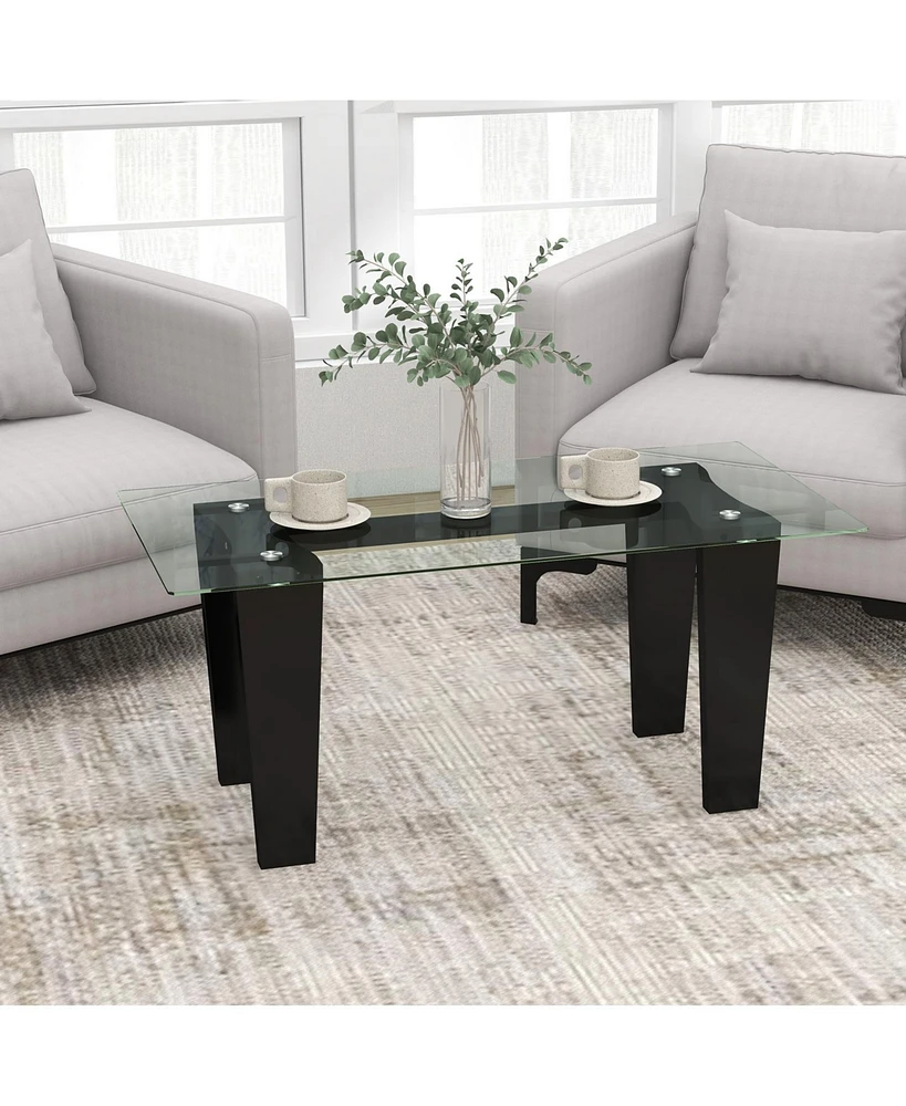 39.5 Inch Glass Coffee Table Modern Rectangular Center Table with Solid Rubber Wood Legs-Black