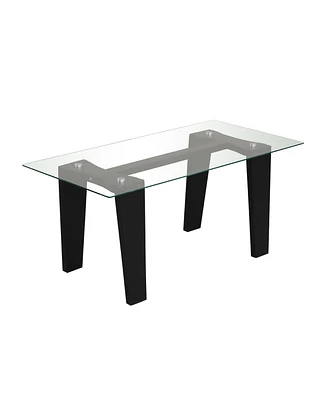 39.5 Inch Glass Coffee Table Modern Rectangular Center Table with Solid Rubber Wood Legs-Black