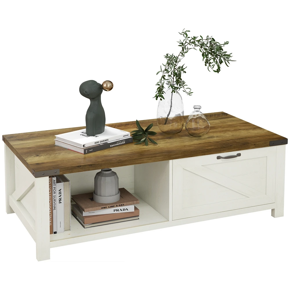Rustic Farmhouse Coffee Table with Storage and Drawer