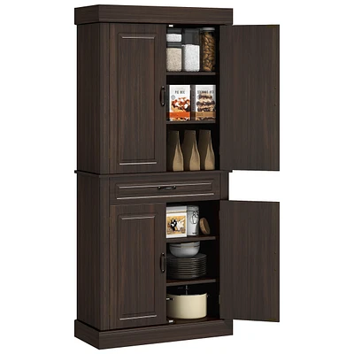 Freestanding Kitchen Pantry with 4 Doors, Cabinets, and Drawer