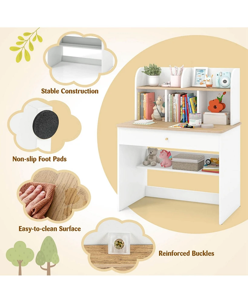 Kids Wooden Study Desk Children Writing Table with Hutch & Drawer