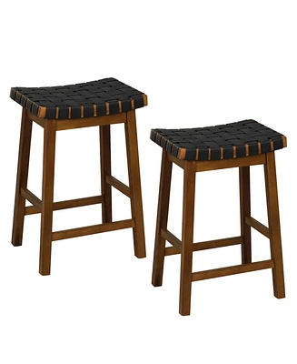Faux Pu Leather Bar Height Stools Set of 2 with Woven Curved Seat-25 Inches