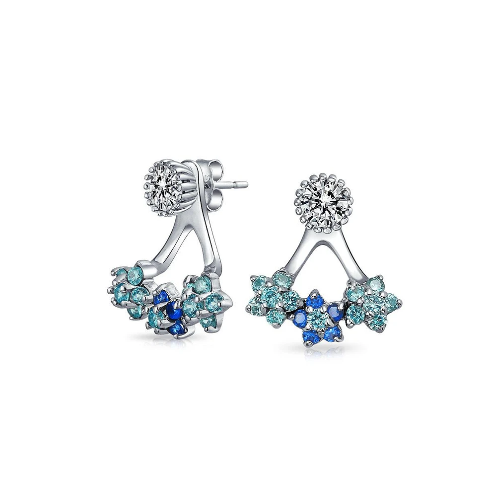 Bling Jewelry Aqua Blue Cubic Zirconia Flower Fan Cz Ear Back Front Stud Jacket Earrings Sterling Silver