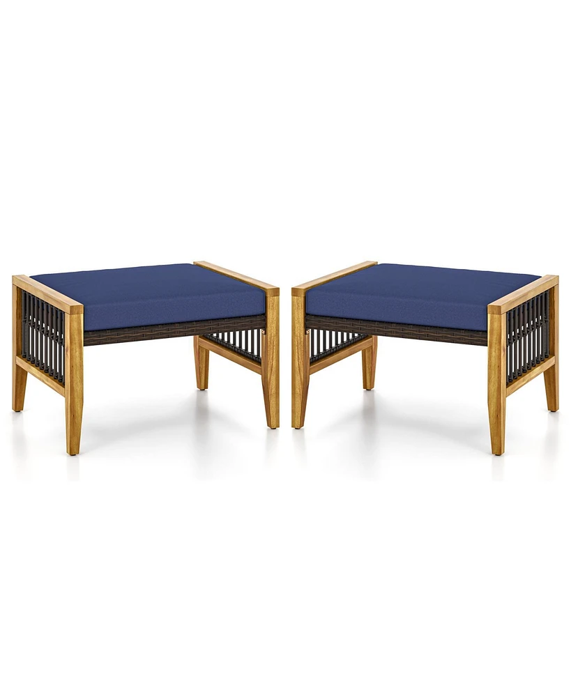 Skonyon Patio Acacia Wood Ottomans with Cushions and Versatile Rattan Woven Footstools-Navy
