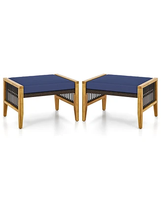 Skonyon Patio Acacia Wood Ottomans with Cushions and Versatile Rattan Woven Footstools-Navy