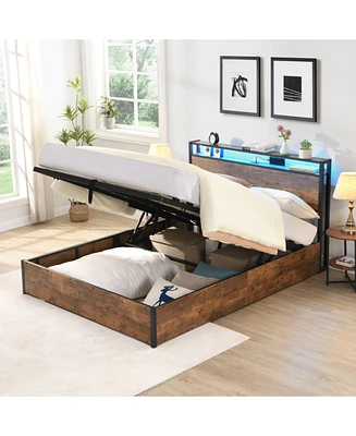 Queen Bed Frame with Bookcase, Lights, and Charging Station