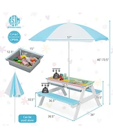 3-in-1 Kids Picnic Table Wooden Outdoor Sand & Water w/Umbrella Play Box es