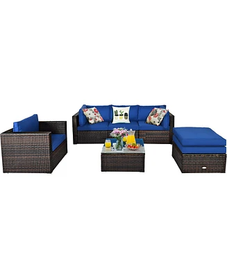 6PCS Patio Rattan Furniture Set Sectional Cushion Sofa Coffee Table Ottoman