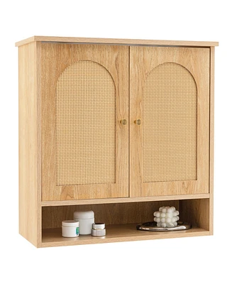 Medicine Cabinet with 2 Rattan Doors for Laundry Room Kitchen Entryway-Natural