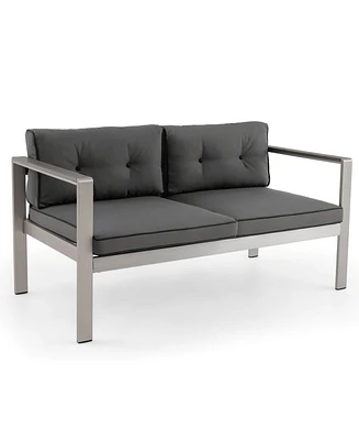 Patio Aluminum Loveseat Sofa Outdoor Chair with Wpc Armrests & Cushions Backyard