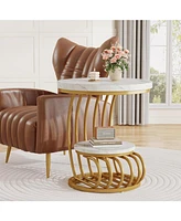 Tribesigns Gold Round End Table: 2 Tiers Side Table Set of 2 with Storage Shelf, Modern White Gold Bedside Nightstand, Metal Faux Marble Accent Table