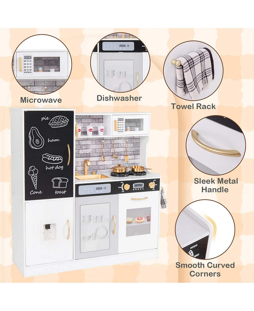 Gymax Play Kitchen Toy Set w/ Chalkboard Oven Sink Curtain Microwave Water Dispenser