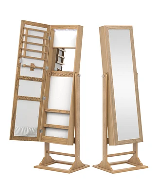 Freestanding Lockable Jewelry Armoire with Full-Length Mirror and 6 Led Lights-Natural