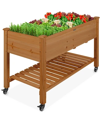Best Choice Products Raised Garden Bed 48x23x32in Wood Mobile Elevated Planter w/ Wheel Locks, Shelf, Liner