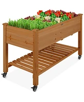 Best Choice Products Raised Garden Bed 48x23x32in Wood Mobile Elevated Planter w/ Wheel Locks, Shelf, Liner