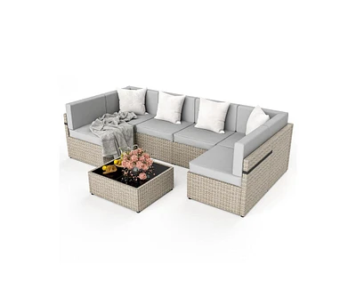 Gray 7-Piece Wicker Outdoor Sectional Set with Coffee Table and Gray Cushions