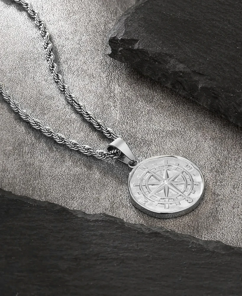 Rhona Sutton Silver Compass Coin Pendant Stainless Steel Necklace