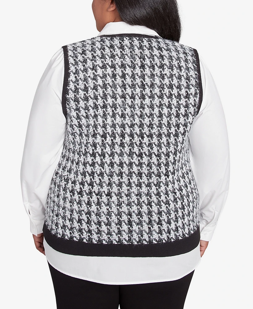 Alfred Dunner Plus Size Runway Ready Houndstooth Two in One Collared Sweater