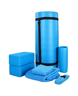 BalanceFrom Fitness 7 Piece Yoga Set with Mat, Stretch Strap, & Knee Pad, Blue