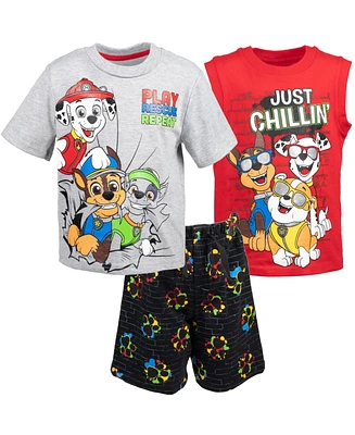 Paw Patrol Little Boys T-Shirt Tank Top and French Terry Shorts 3 Piece Outfit Set