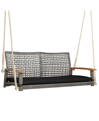 2-Person Patio Wicker Hanging Swing Chair Loveseat Cushion Porch Red