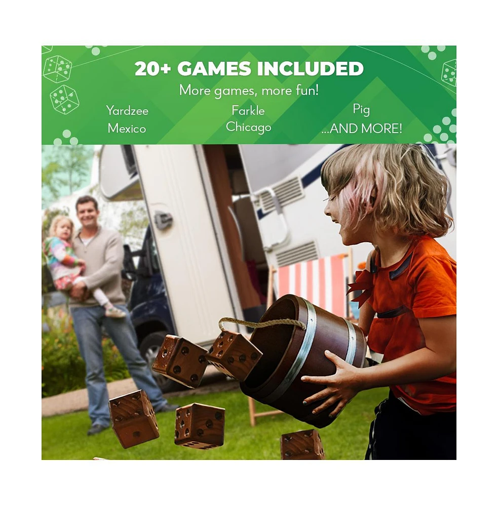 Swooc - Yardzee, Farkle & 20+ Games - Light-Weight Yard Dice Game Set (All Weather) with Wood Bucket, 5 Score Cards, and Marker
