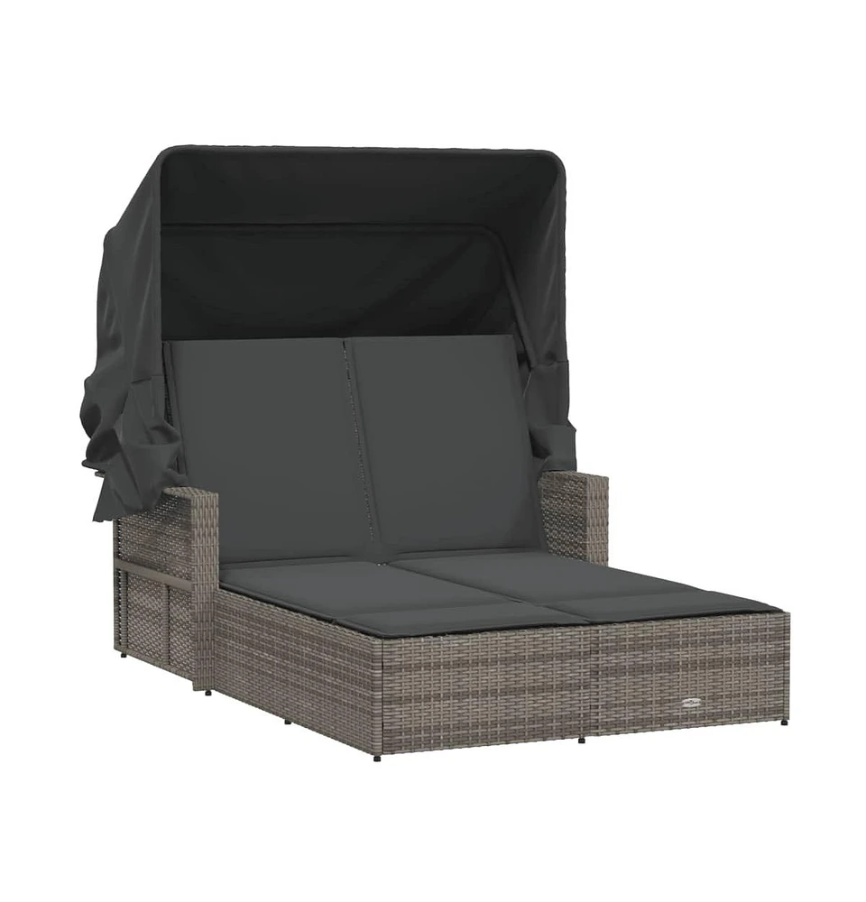 vidaXL Double Sun Lounger with Canopy and Cushions Gray Poly Rattan