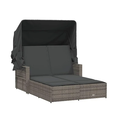 vidaXL Double Sun Lounger with Canopy and Cushions Gray Poly Rattan