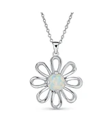 Bling Jewelry White Rainbow Created Opal Daisy Flower Pendant Necklace .925 Sterling Silver