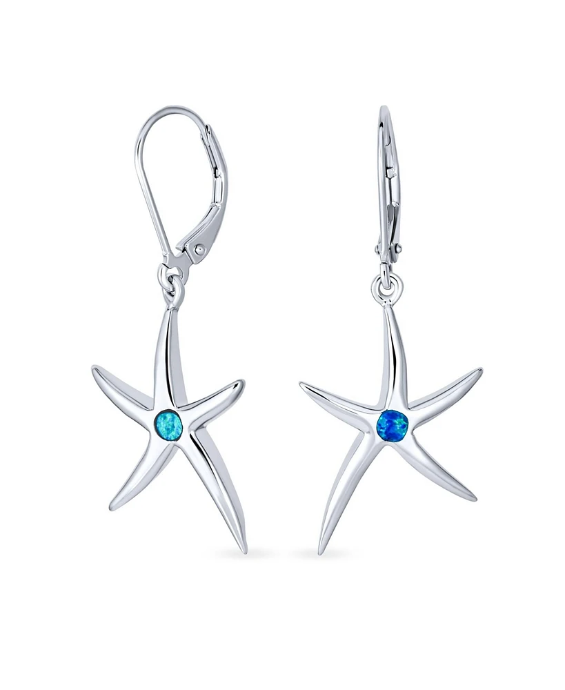Bling Jewelry Blue Created Opal Accent Nautical Ocean Marine Life Starfish Drop Lever back Earrings .925 Sterling Silver