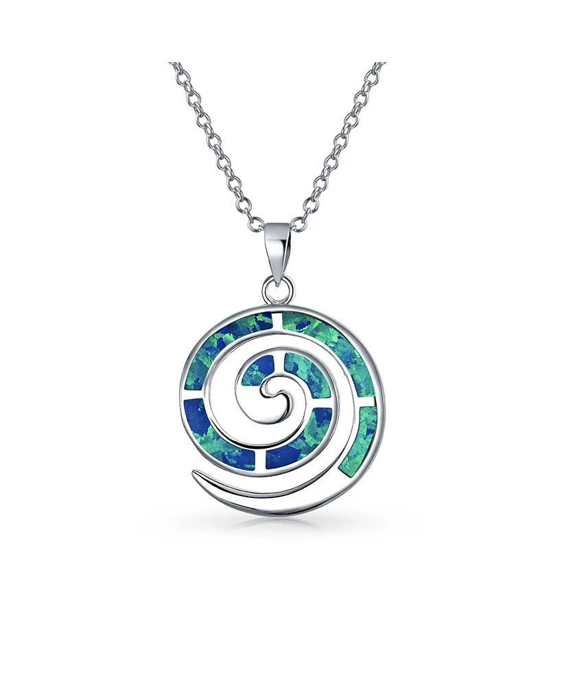 Bling Jewelry Round Blue Created Opal Inlay Spiral Maze Wind Pendant Necklace .925 Sterling Silver