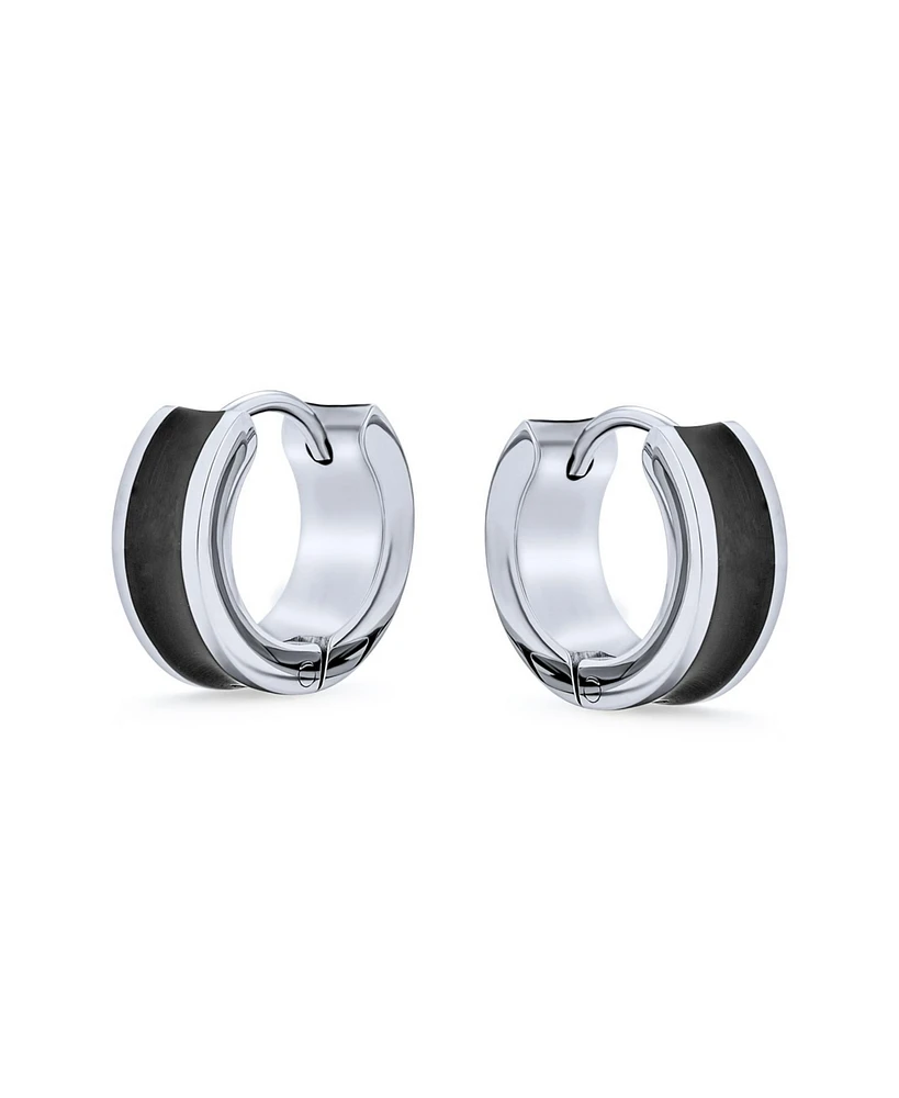 Bling Jewelry Earrings Two Tone Striped Black Enamel Huggie Hoop Silver Tone Stainless Steel